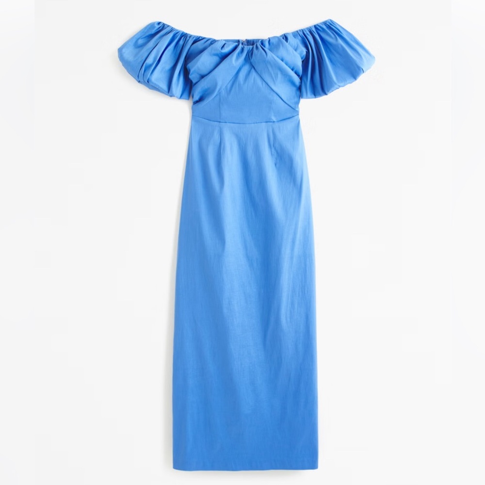 Abercrombie & Fitch Taffeta Off-The-Shoulder Midi Dress in French Blue